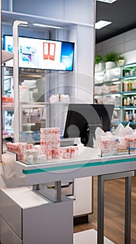 Medical treatment options displayed, drugstore counter ready for health seekers.