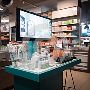 Medical treatment options displayed, drugstore counter ready for health seekers.