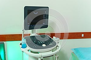 Medical ultrasound diagnostic equipment at clinic, sonography, health tests concept, closeup