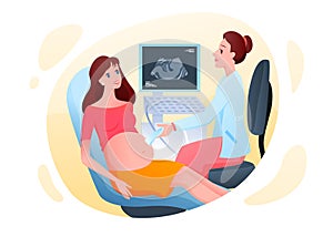 Medical ultrasound examination, young pregnant woman on obstetric hospital procedure photo