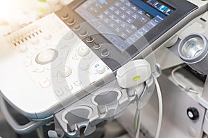 Medical ultrasound machine with linear probes in a hospital diagnostic room. Modern medical equipment, preventional