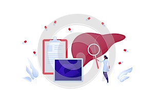 Medical ultrasound procedure concept. Vector flat healthcare illustration. Hepatology and liver diagnostic. Female doctor with