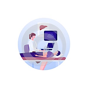 Medical ultrasound procedure concept. Vector flat healthcare illustration. Hepatology and liver diagnostic research. Female doctor