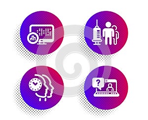 Medical vaccination, Time management and Report statistics icons set. Faq sign. Vector