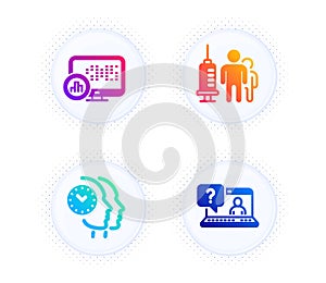 Medical vaccination, Time management and Report statistics icons set. Faq sign. Vector