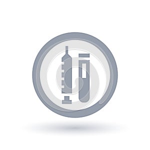 Medical vaccine icon. Vial with vaccination serum and syringe symbol.