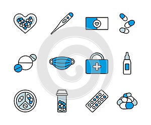 medical vector set icons linear blue color hospital medication pills mask ambulance first aid kit health care