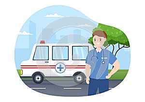 Medical Vehicle Ambulance Car or Emergency Service for Pick Up Patient the Injured in an Accident in Flat Cartoon Illustration