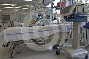 Medical ventilator and bed  in intensive care unit in hospital,  a place where can be  treated patients with pneumonia caused by