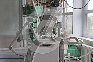 Medical ventilator in  icu in hospital,  where can be  treated patients with pneumonia caused by coronavirus covid 19 photo