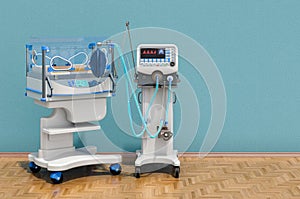 Medical ventilator and infant incubator in the room. Neonatal intensive care unit, NICU. 3D rendering