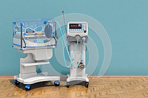 Medical ventilator and infant incubator in the room. Neonatal intensive care unit, NICU. 3D rendering photo