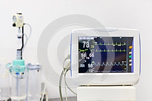 Medical vital sign monitor screen technology in operating room or hospital.Heart rate or blood pressure was recorded.