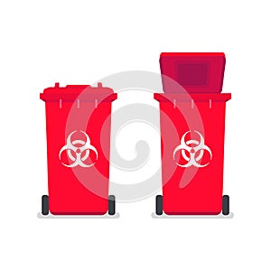 Medical waste bin. Contaminated waste sign. Biohazard trash garbage bin.