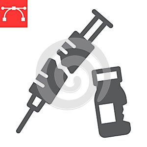 Medical waste glyph icon, recycle and ecology, broken syringe and vial vector icon, vector graphics, editable stroke