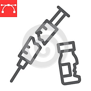 Medical waste line icon, recycle and ecology, broken syringe and vial vector icon, vector graphics, editable stroke