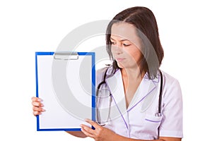 Medical Woman Doctor with Stethoscope Holding Clipboard with Bla