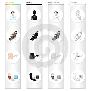 Medical worker, dental chair, injection in the buttock, measurement of blood pressure. Medicine set collection icons in