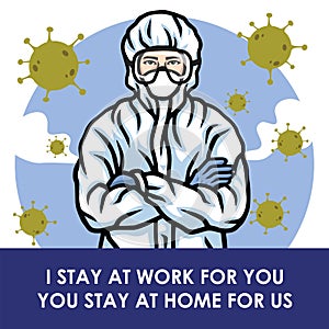 Medical Worker Doctor Nurse Warning to Stay at Home to Prevent Coronavirus COVID-19 Vector Illustration PSA Poster