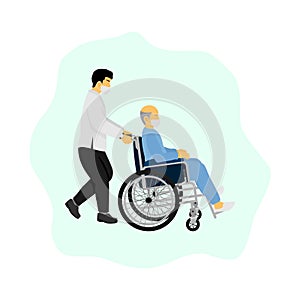 Medical worker help to pushing an old man patient wheelchair vector illustration.