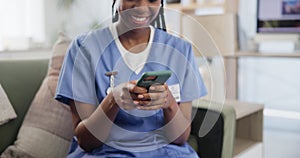 Medical worker, internet and smartphone on sofa in nursing home, connectivity and browse or post on social media. Happy