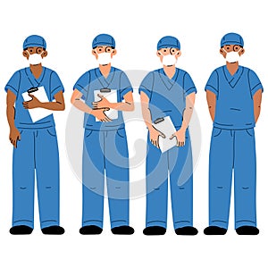 Medical workers in medical masks and blue uniforms with documents. A nurse, a doctor. Medical uniform. A group of