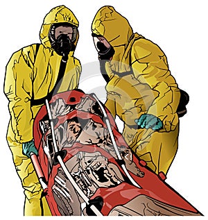 Medical Workers in Protective Suits with Stretcher