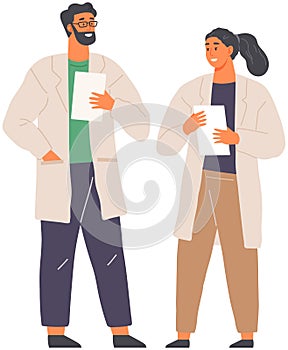 Medical workers talking, researchers woking in laboratory. Scientists with data on paper sheets