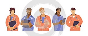 Medical workers are a team of five people. Doctors and nurses. Vector illustration in the flat style