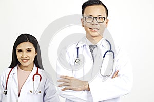 Medical workers on wall background