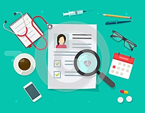 Medical working table desk top view with insurance or patient prescription document form vector flat cartoon