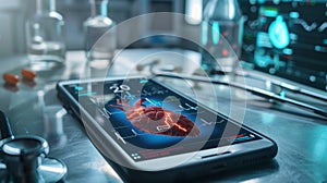 Medical workspace featuring a 3d heart model on a smartphone's advanced e-health application