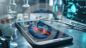 Medical workspace featuring a 3d heart model on a smartphone's advanced e-health application photo