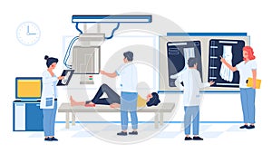 Medical xray test of leg bone fracture, injury in hospital room, flat vector illustration.