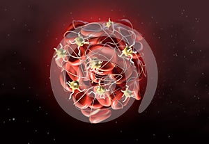 Thrombus in bloodstream, blood clot with activated platelets and fibrin, medically 3D illustration photo