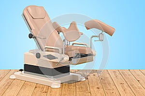 Medicals Gynecological Examination Chair on the wooden planks, 3D rendering