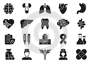 Medicals and Healthcare Silhouette Icon Set. Emergency Health Care Glyph Pictogram. Human Internal Organs Icon. Pharmacy