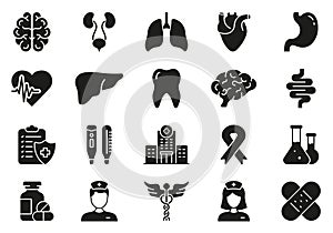 Medicals and Healthcare Silhouette Icon Set. Emergency Health Care Glyph Pictogram. Human Internal Organs Icon. Pharmacy photo