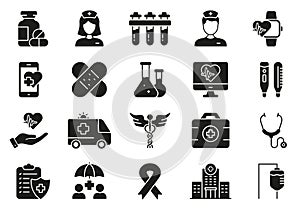 Medicals Silhouette Icon Set. Pharmacy Clinic, Medicine Treatment Glyph Pictogram. Hospital Consultation Icon