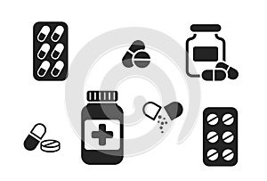 Medicament icon set. pharmaceutical and treatment symbols. medical design elements