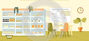 Medicament Shelf, Table for Measuring Pressure.