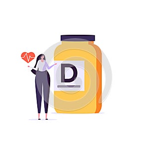 Medicament, vitamin D, bioactive additive, healthy heart vector illustration. Flat tiny slim fit body woman concept. Healthy woman photo