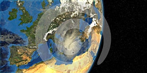 Medicane Ianos Mediterranean Hurricane approaching Greece. Shot from Space. Elements of this 3D rendering are furnished by NASA photo