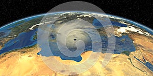 Medicane Ianos Mediterranean Hurricane approaching Greece. Shot from Space. Elements of this 3D rendering are furnished by NASA photo