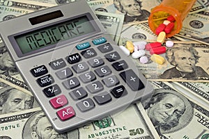 Medicare text on calculator with money and pills photo