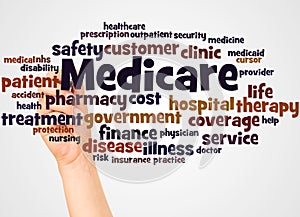 Medicare word cloud and hand with marker concept