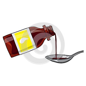 Medicated syrup, cough syrup / brown color bottle with liquid and a spoon. Bottle with label. Cartoon style. photo