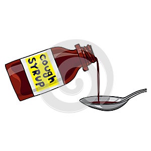 Medicated syrup, cough syrup / brown color bottle with liquid and a spoon. Label with text. Cartoon style. photo