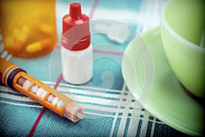 Medication during breakfast, dispenser of insulin, conceptual Image