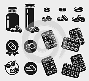 Medication, buttons, pills set. Vector